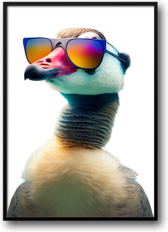 Vogel met zonnebril fotolijst met glas 40 x 50 cm - Prachtige kwaliteit - woonkamer - dieren - eend - Harde lijst - Glazen plaat - inclusief ophangsysteem - Grappige Poster - Foto op hoge kwaliteit uitgeprint
