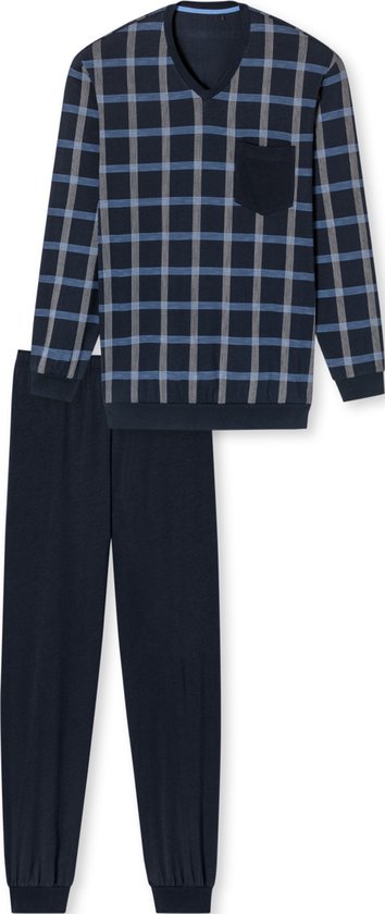 SCHIESSER Comfort Nightwear pyjamaset - heren pyjama lang organic cotton V-hals manchetten borstzak nachtblauw geruit - Maat: L