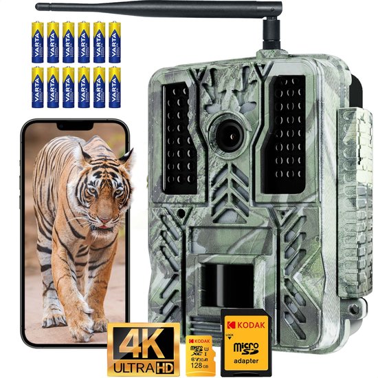 FAVE® professionele wildcamera - Met nachtzicht – Wifi & APP - 4K & 48MP - Voor buiten – Buitencamera – Nachtcamera – Met sensor – Wildlife camera’s – Incl. 128GB SD kaart – Incl. 12 AA batterijen