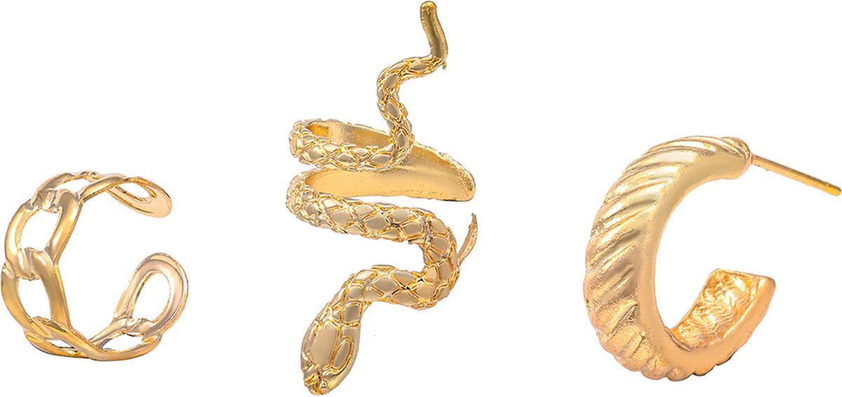 Jumada's - 3-delige set - Gouden Oorbel en Fake Helix - Slang Oorbel - Nep Piercing - Oorbellen met Slangmotief - Nep Helix - Gouden Ringetje - Metaal -
