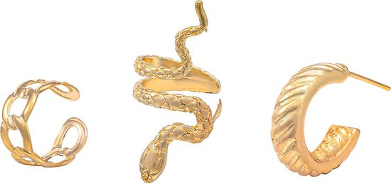 Jumada's - 3-delige set - Gouden Oorbel en Fake Helix - Slang Oorbel - Nep Piercing - Oorbellen met Slangmotief - Nep Helix - Gouden Ringetje - Metaal -