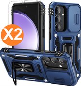 Hoesje Geschikt voor Samsung Galaxy S24 Plus hoesje backcover Blauw met Met Draaibare Ring Houder en camera bescherming - Galaxy S24 Plus Screenprotector - 2 stuks