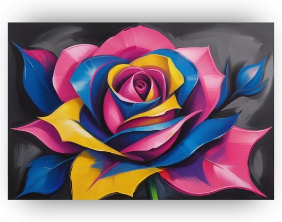 Neon roos poster - Abstract muurdecoratie - Wanddecoratie roos - Wanddecoratie klassiek - Woonkamer poster - Muurkunst - 90 x 60 cm