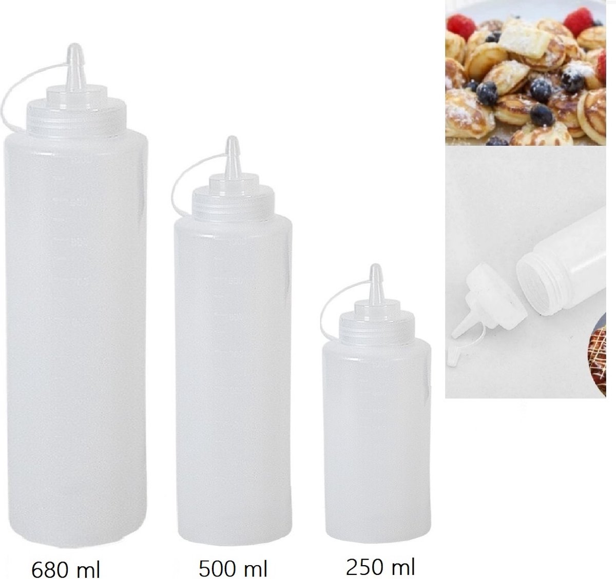 VOORDEEL Sausflessen met dop | 3 soorten S/M/L |680 ML-500 ML- 250 ML - Transparant doseerflacon/ flessen met dop- Portioneerflessen/ Knijpflessen / Sausflessen Transparante garneerflessen/doseerflessen/sausflessen