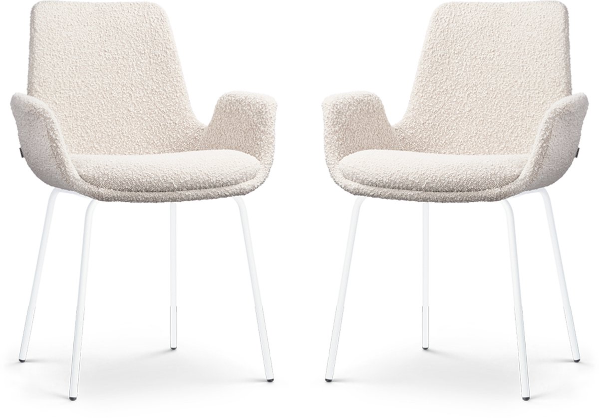 Nolon Nora-Eef Eetkamerstoelen Set van 2 Bouclé Beige - met Armleuning - Stof - Wit Metalen Poten - Lage Armleuning - Modern - Design - Scandinavisch Bouclé - Beige - Wit onderstel