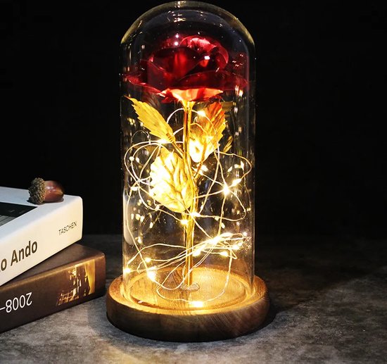 Gouden roos in glazen stolp met LED - Cadeau voor vrouw, vriendin, haar - Huwelijk - Romantisch Liefdes Valentijncadeautje - Rode