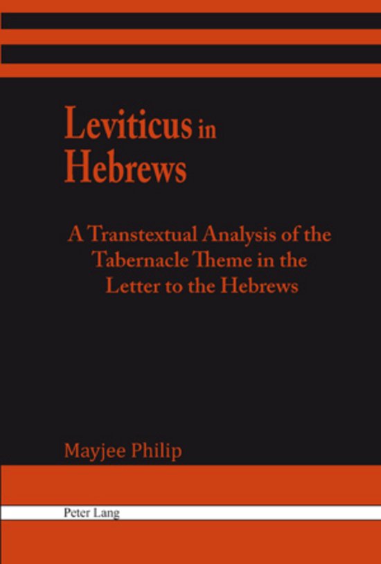 Zwart boek met oranje tekst: Leviticus in Hebrews door Mayjee Philip, met oranje banden boven en onder.