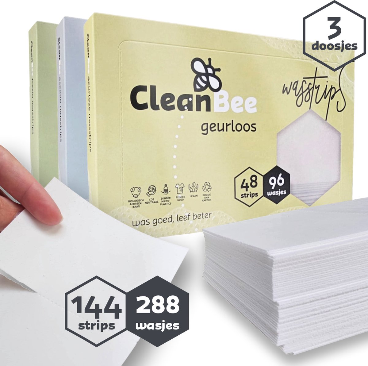 CleanBee® proefpakket 3 x 96 wasbeurten - Geurloos - Fresia - Oceaan - Wasdoekjes - Wasmiddel Voordeelverpakking - Eco - Wasstrips - Duurzaam - Plasticvrij
