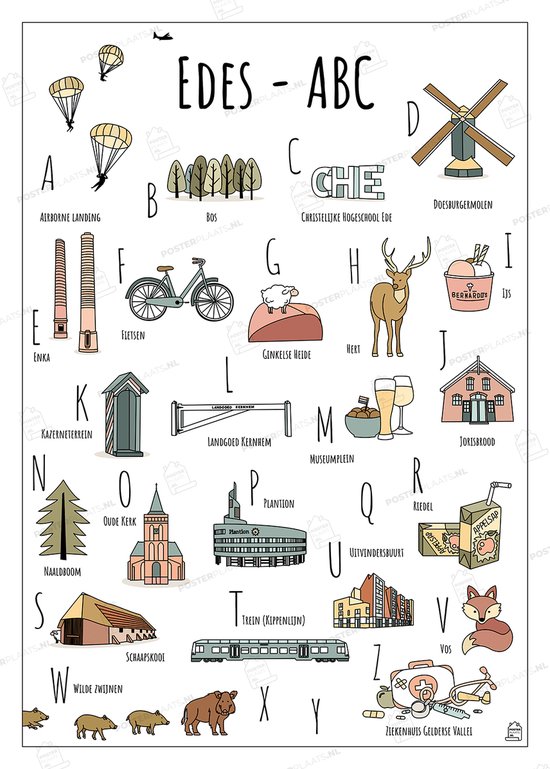 ABC Poster Ede - 50 x 70 cm - Educatieve Letterposter met Handgetekende Illustraties - Kinderkamer & Wanddecoratie - Woondecoratie - Relatiegeschenk