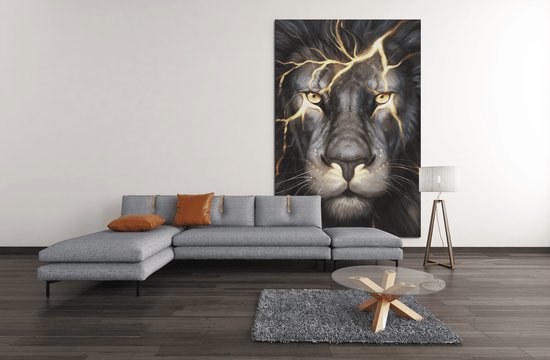 Canvas Schilderij - Dieren - Leeuw Gezicht - Wanddecoratie - 90x60x2 cm