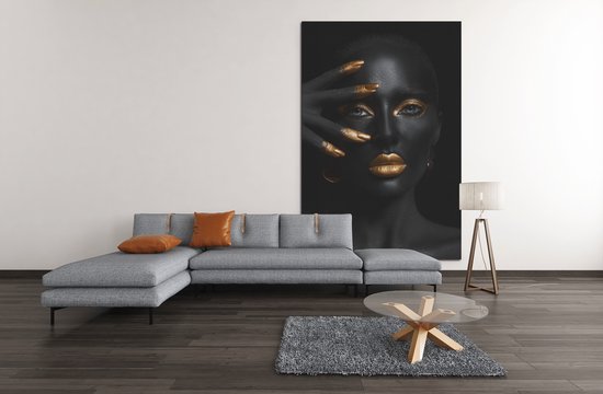 Canvas Schilderij Vrouw - Gouden Make-up - Zwart - Goud - 90x60x2 cm