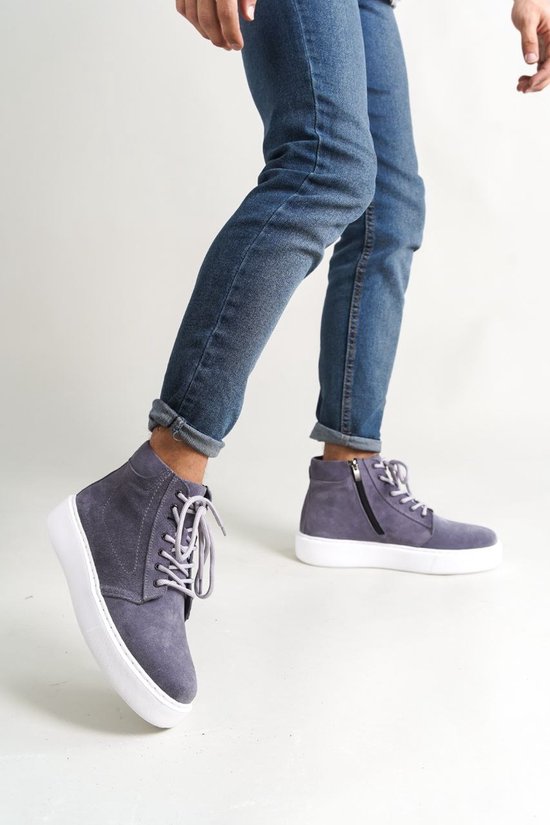 Oscar&Djayds Sneaker Homme - Gris Argent - Cuir Véritable (Suède) - Baskets Hautes - chaussures - OD111 - taille 41