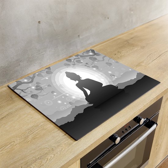 Chefcare Inductie Beschermer Boeddha Beeld onder een Boom - Abstract - Zwart Wit - 60x55 cm - Afdekplaat Inductie - Kookplaat Beschermer - Inductie Mat