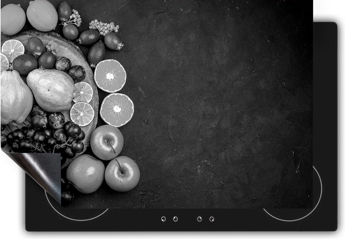 Chefcare Inductie Beschermer Fruit op Zwarte Marmer - Zwart Wit - 60x50 cm - Afdekplaat Inductie - Kookplaat Beschermer - Inductie Mat