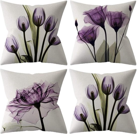 Housse de coussin décorative 40 x 40 cm, lot de 4, fleurs violettes, housse de coussin, coussin de canapé, coussin de canapé, lin, taies d'oreiller, décoration de luxe pour canapé, salon, coussin