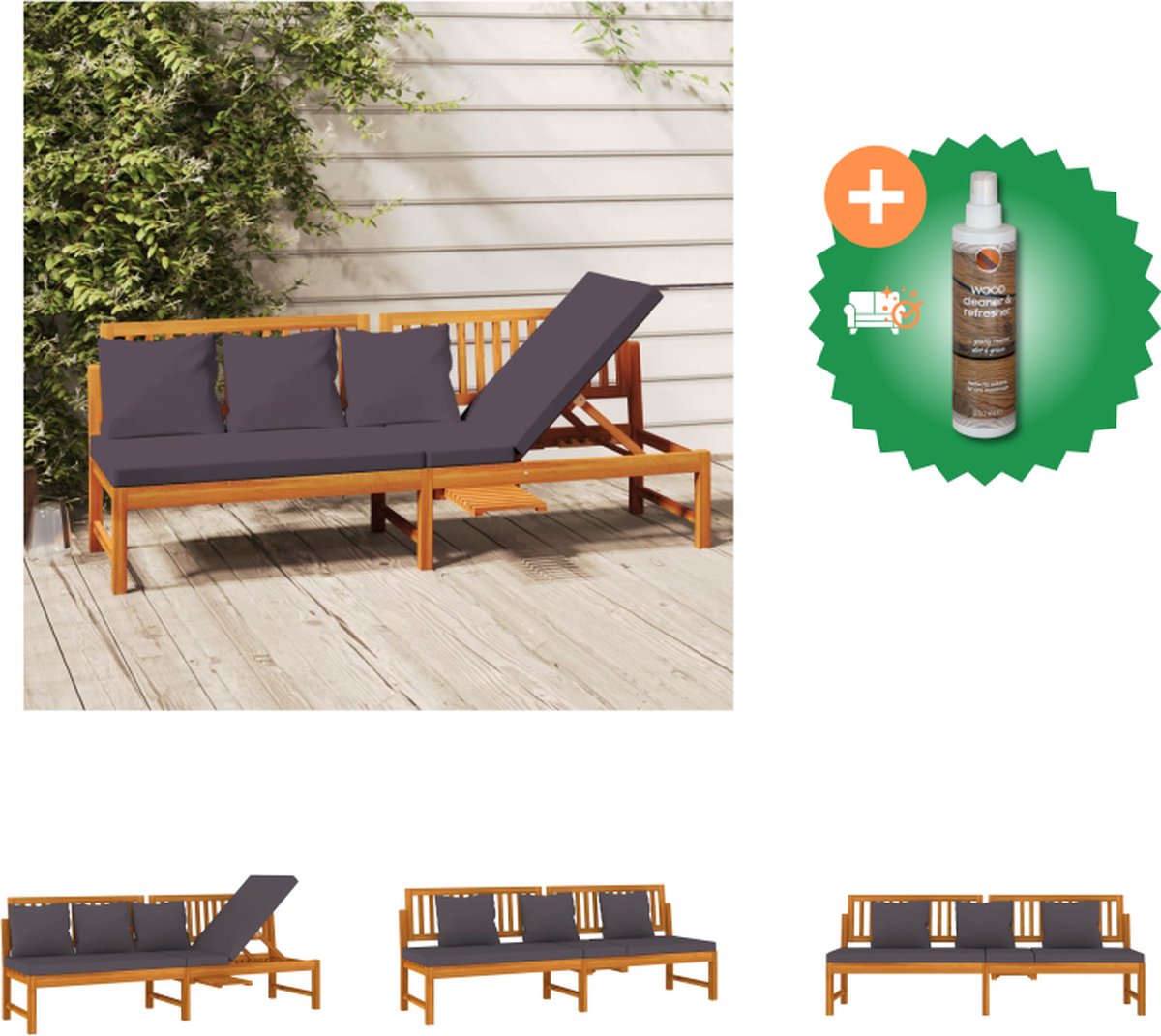 VidaXL Houten Slaapbank 200 x 60 x 75 cm Massief Acaciahout Grijs Kussen Ligbed Inclusief Houtreiniger en verfrisser