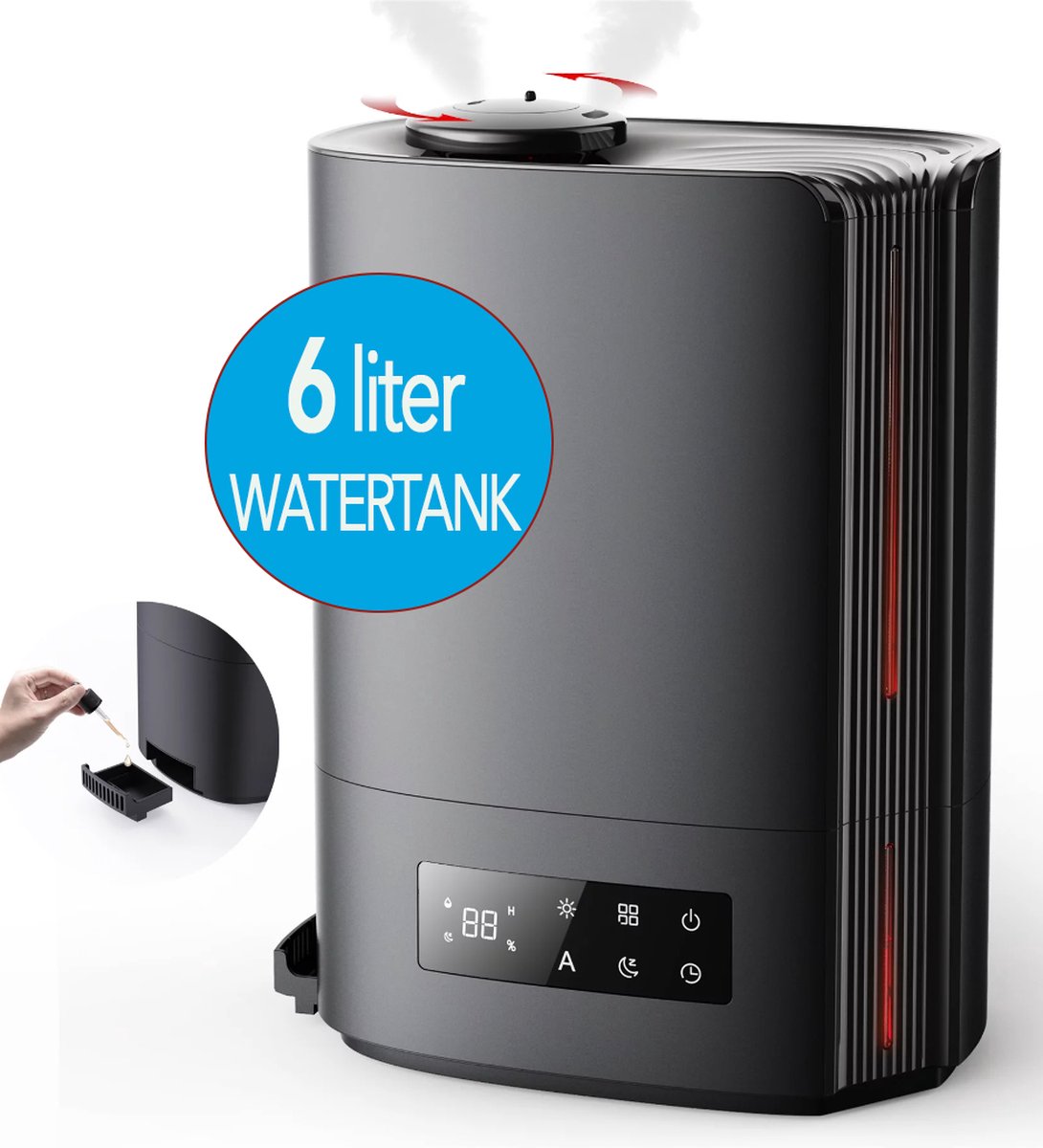 JC's - Luchtbevochtiger - Grote watertank 6 liter - Ultrasone luchtbevochtiger - Automatische functie met Hygrometer - Aroma diffuser - Humidifier - Luchtbevochtigers - Geruisloos - zwart - Energieklasse A+++