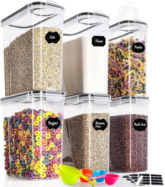 GoMaihe 4L Opbergdozen voor keuken, 6 stuks, luchtdicht, van kunststof, voedselveilig, met afsluitende deksel, voor het bewaren van granen, pasta, meel en dierenvoer
