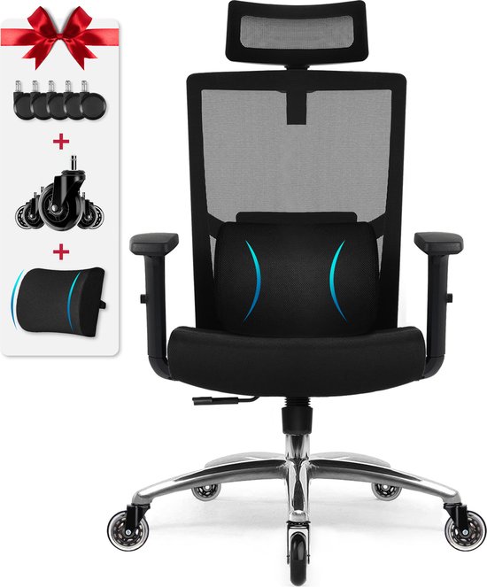Chaise de bureau ergonomique - Chaises de bureau avec verrouillage dans n'importe quel angle de 90° à 135° - Chaise de Office avec appui-tête réglable, accoudoirs et support lombaire - Convient aux Adultes jusqu'à 150 kg de charge - Zwart