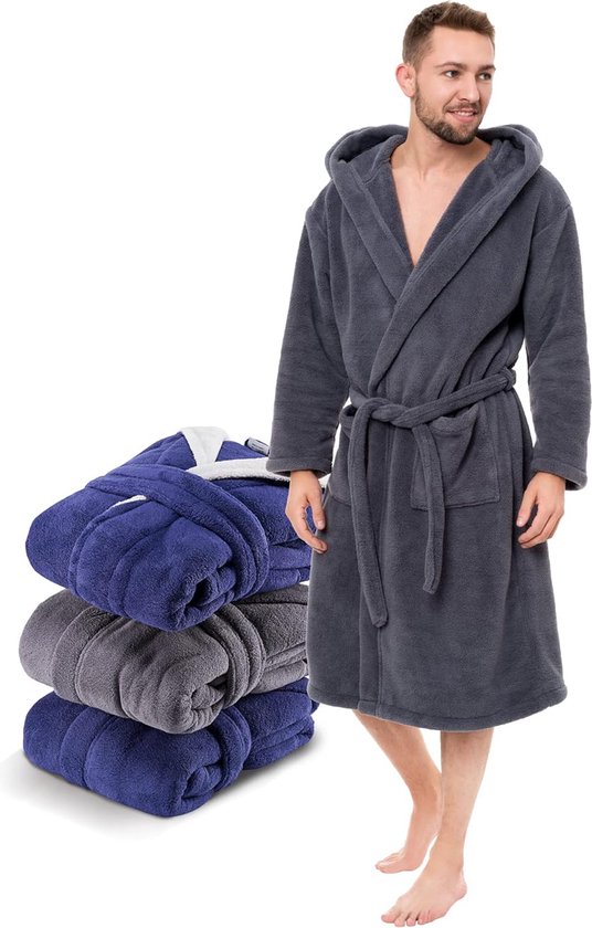 Zachte en behaaglijke kamerjas voor heren (XS, S, M, L, XL) - badjas van fleece microvezel (100% polyester) met capuchon, 2 zakken, riem en ophanglus
