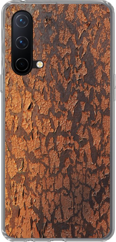 Coque de téléphone transparente avec imprimé métallique rouille et orange et texture.