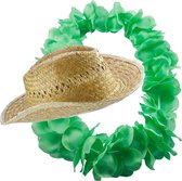 Carnaval verkleed set - Tropische Hawaii party - stro beach hoed - met volle bloemenslinger groen - volwassenen