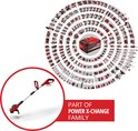 Rode accugrasmaaier in een cirkel van vele rode Einhell Power X-Change gereedschappen, met de tekst 'PART OF POWER X-CHANGE FAMILY'.