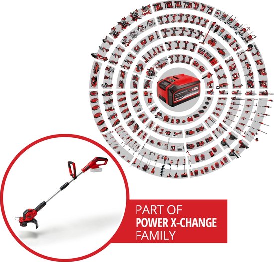 Rode accugrasmaaier in een cirkel van vele rode Einhell Power X-Change gereedschappen, met de tekst 'PART OF POWER X-CHANGE FAMILY'.