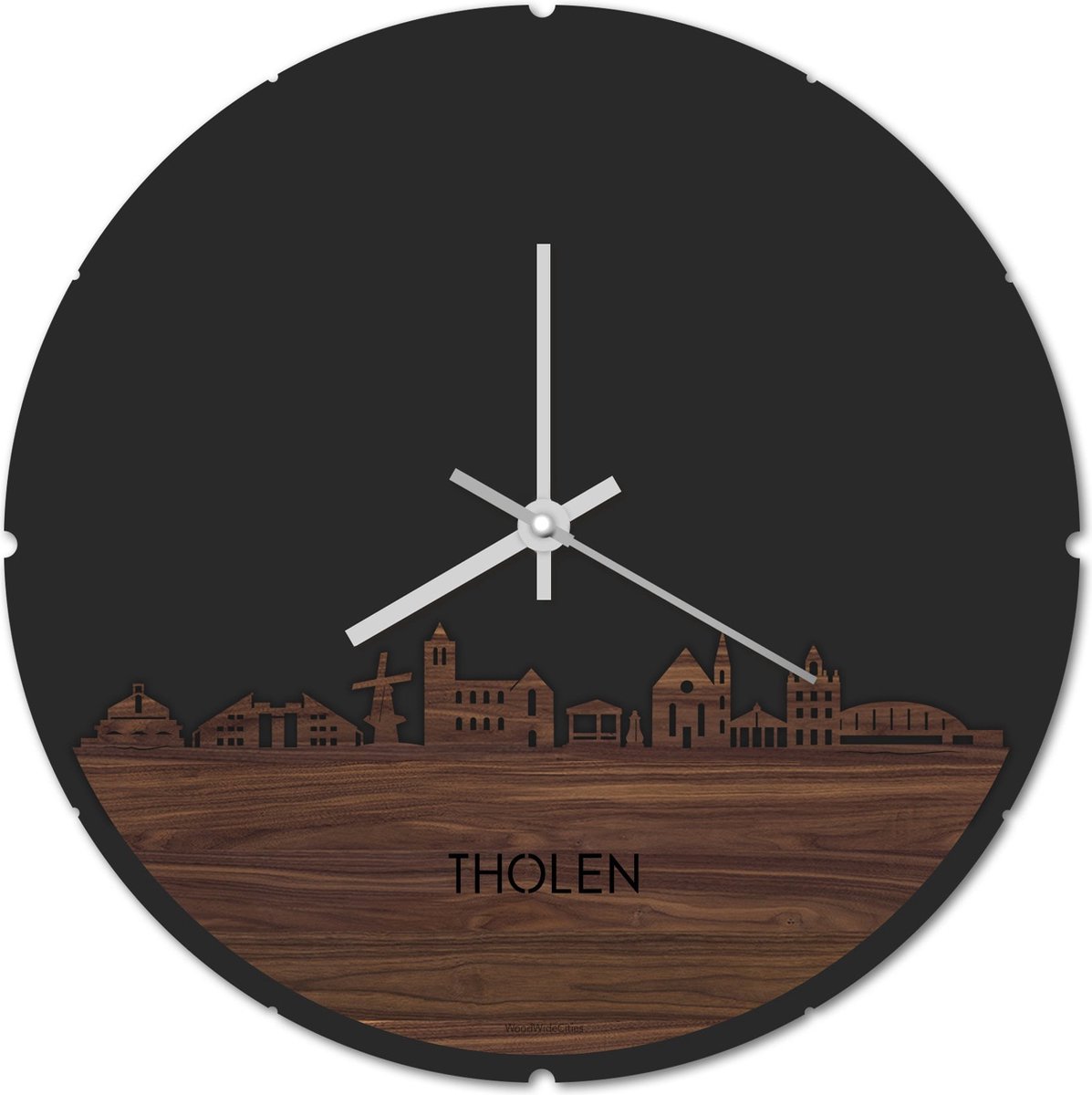 Skyline Klok Rond Tholen Notenhout - Ø 44 cm - Stil uurwerk - Wanddecoratie - Meer steden beschikbaar - Woonkamer idee - Woondecoratie - City Art - Steden kunst - Cadeau voor hem - Cadeau voor haar - Jubileum - Trouwerij - Housewarming -