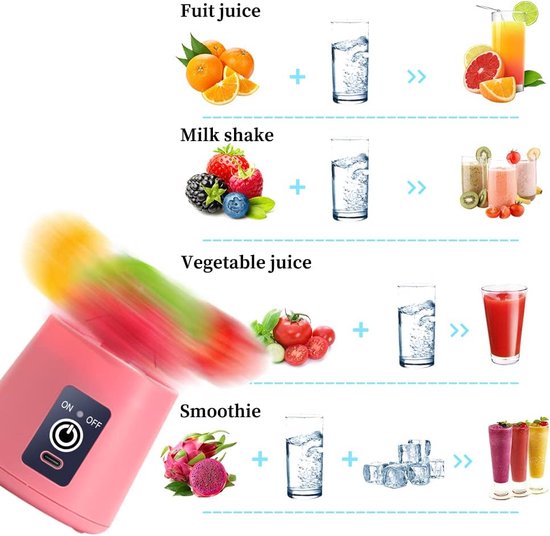 Draagbare Blender, persoonlijke blender voor smoothies en milkshakes, elektrische machine met 6 messen, 380 ml, oplaadbaar via USB-mini-citruspers, voor thuis, school, buiten (Roze) van Gotrays — afbeelding 3