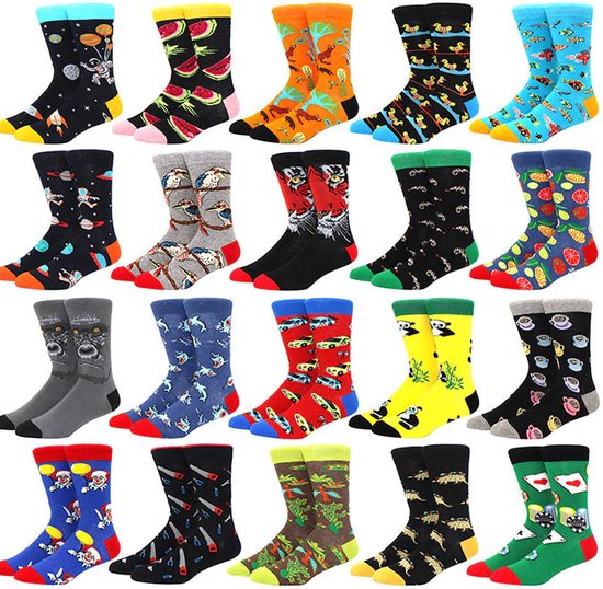 Heren sokken - 10 paar - grijs - zwart - blauw - bruin - groen - leuke print - 40 - 46 - mix - surprise - cadeau - voor hem