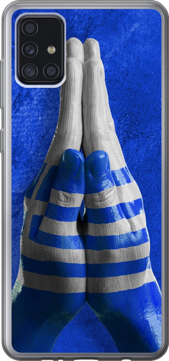Telefoonhoesje Geschikt voor Samsung Galaxy A52 5G hoesje - Twee handen vormen de vlag van Griekenland - Siliconen Telefoonhoesje Telefoonhoesje