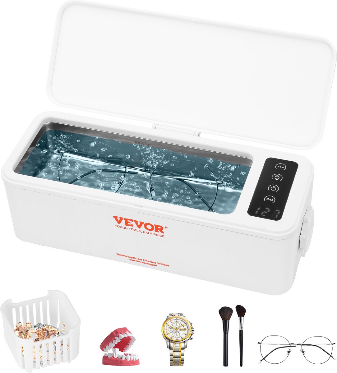 Vevor Ultrasoonreiniger Roestvrij Staal voor thuis 470 ml Met digitaal display Voor brillen kantoorbenodigdheden tandenborstels make-upborstels sieraden metalen keramische schalen kunstgebitten tot horloges Wit