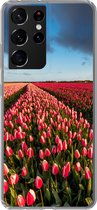Geschikt voor Samsung Galaxy S21 Ultra hoesje - Kleurrijke tulpen in Nederlands landschap - Siliconen Telefoonhoesje