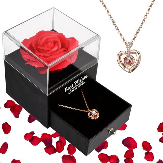 Roses avec un collier en boîte - Collier coeur - Cadeau pour Cheveux - Rose éternelle - Saint-Valentin