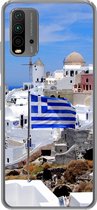 Geschikt voor Xiaomi Redmi 9T hoesje - Vlag van Griekenland tussen de witte huisjes - Siliconen Telefoonhoesje