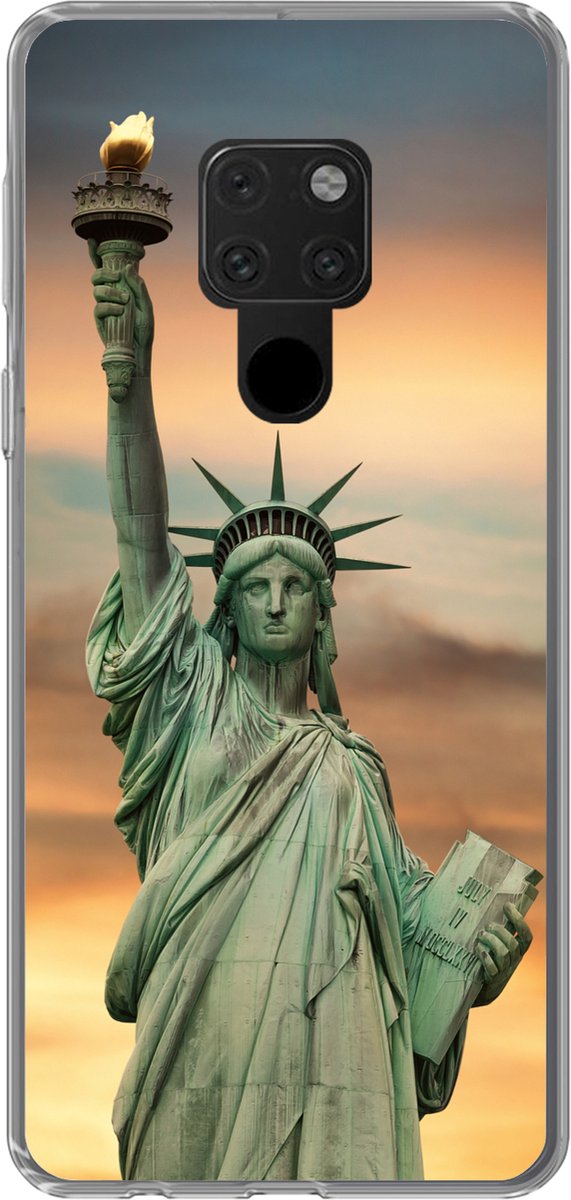 Telefoonhoesje Geschikt voor Huawei P40 Lite hoesje - New York - Vrijheidsbeeld - Zonsondergang - Siliconen Telefoonhoesje Telefoonhoesje