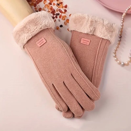 1 Paar Warme Pluche Suède Handschoenen - Stijlvol - Winddichte Dames Winterhandschoenen - One size - Met Touchscreen - Kleur Roze