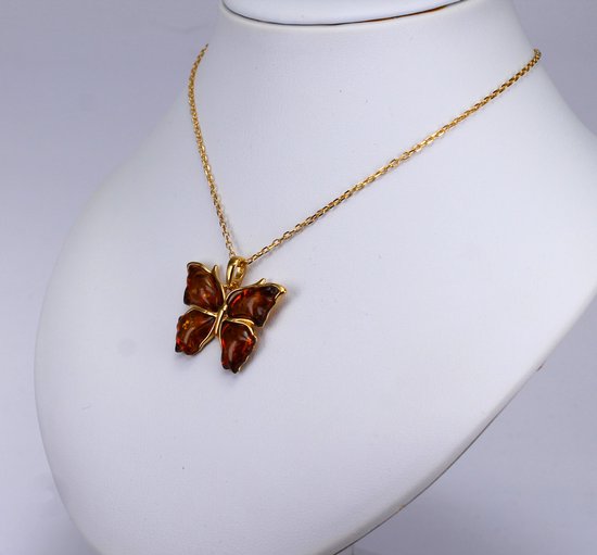 Pendentif Papillon En Ambre Avec Chaîne - Argent Sterling 925 - Neuf Avec étiquettes
