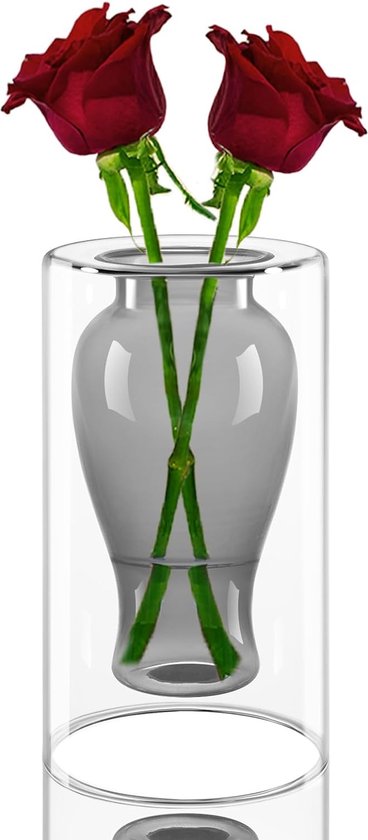 Glazen vaas voor tafeldecoratie, moderne geometrische glazen vazen, grijze bloemenvazen, helder glas, vazen voor woonkamer