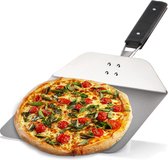 Pizzaschep van roestvrij staal 430 - pizza- en taartschep met houten handvat - pizzaschuif voor pizza, , broodjes en brood - inklapbare handgreep (zilverkleurig/zwart - vierkant)