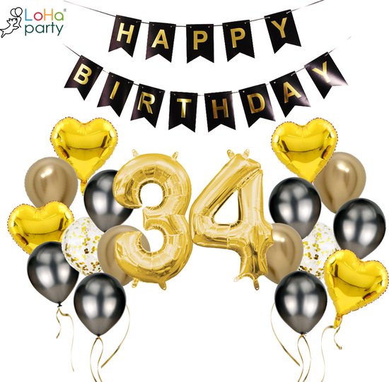 Foto: Loha party folie ballon cijfer 34 xxl cijfer 3 en xxl cijfer 4 gouden 34 gouden hartje folie ballonnen 34e verjaardag decoratie happy birthday slinger versiering trouwdag feestpakket herdenkingsdag decoratie kit 101cm 40inch 