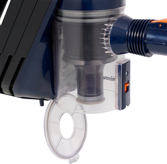 Gedetailleerde close-up van het stofreservoir van een blauwe stofzuiger met oranje hendel.
