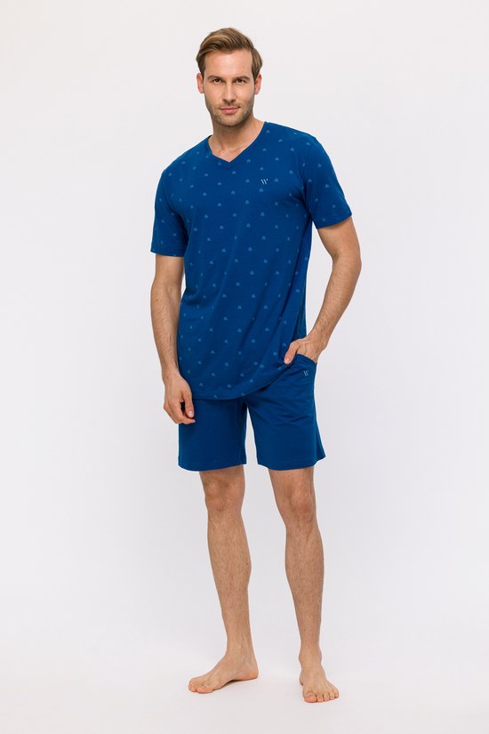 Woody pyjama heren - blauw met zeilbootjes all-overprint - 241-11-MVS-Z/926 - maat L