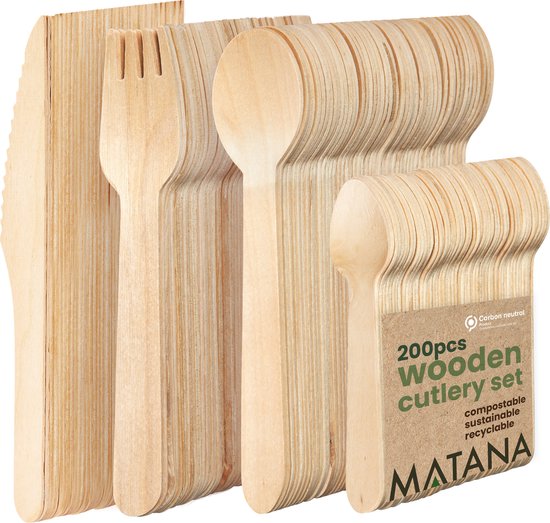 Matana - Wegwerp Bestek Hout - Voordeelverpakking - 200 Stuks - Klein - Matana