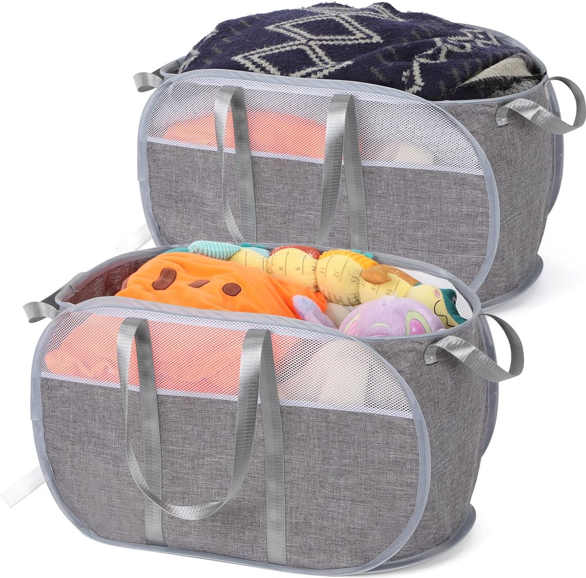 Goedkoopste Opvouwbare wasmanden, 2 stuks, 75L Pop-up wasmand opvouwbaar groot met 4 versterkte handgrepen Pop-up opvouwbare wasmanden Opvouwbare wasmanden voor wasruimte Badkamer Kinderkamer (grijs