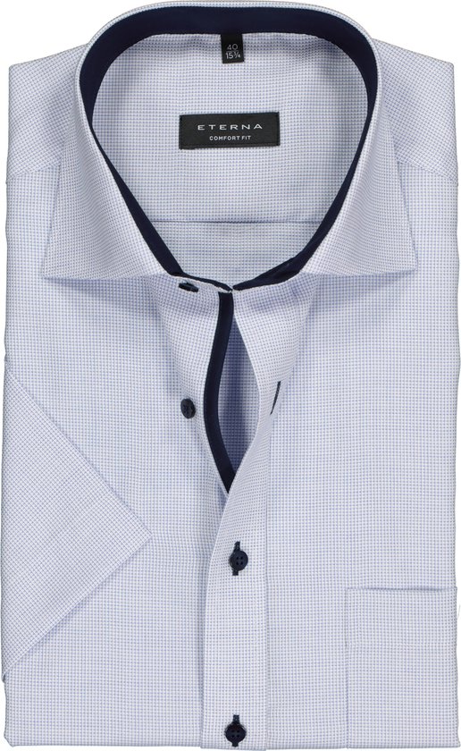 ETERNA comfort fit overhemd - korte mouw - structuur heren overhemd - lichtblauw met wit (donkerblauw contrast) - Strijkvrij - Boordmaat: 46