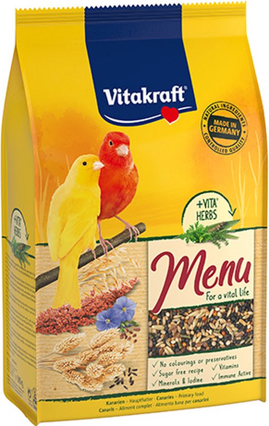 Vitakraft Menu vogelvoer voor kanaries. Gele verpakking met twee kanaries, waarvan één geel en één rood. Tekst: 'Menu For a vital life'.