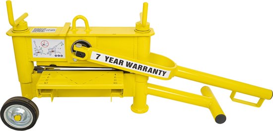 Gele klinkerknipper met twee wielen, twee handgrepen en de tekst '7 YEAR WARRANTY'.