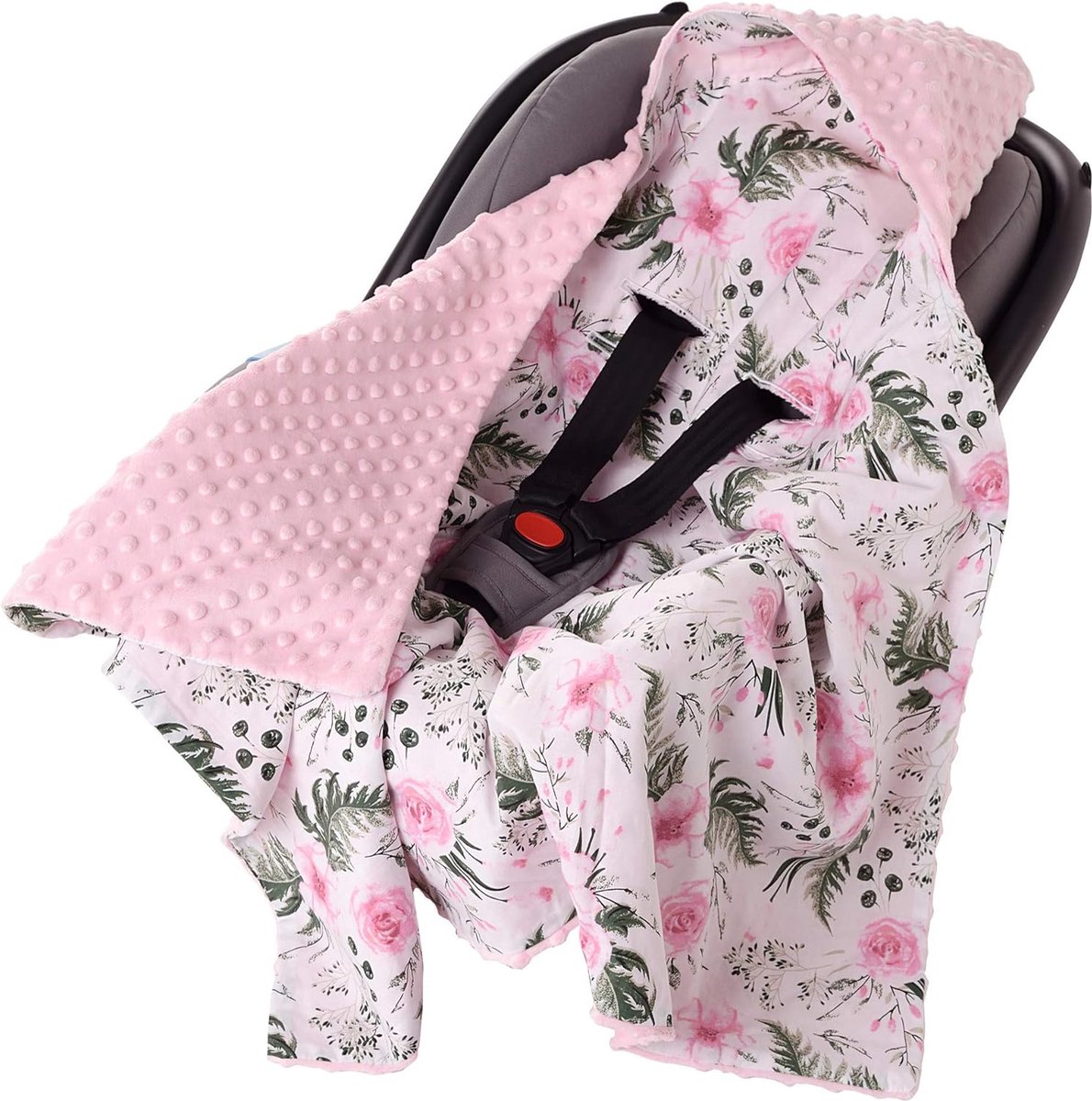 Mikos Wikkeldeken, babyzitje, deken voor de zomer, wafelstof, 100% katoen, babydeken voor autostoel, knuffeldeken, kinderwagendeken voor kinderwagen, buggy's, bijvoorbeeld maxi-cosi roze beige 3-puntsgordel (38 beige